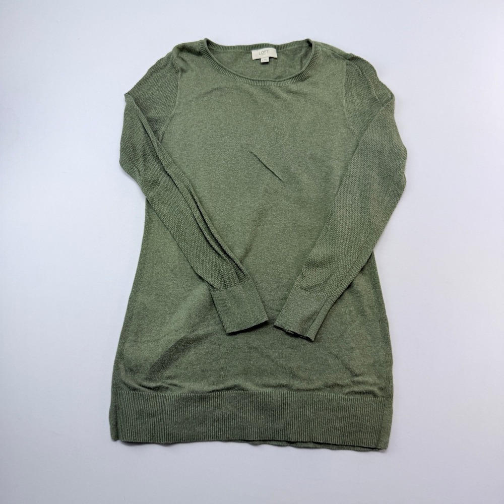 Loft Outlet Sage Green Textured Sleeve Cotton Blend Crew Neck Sweater Small